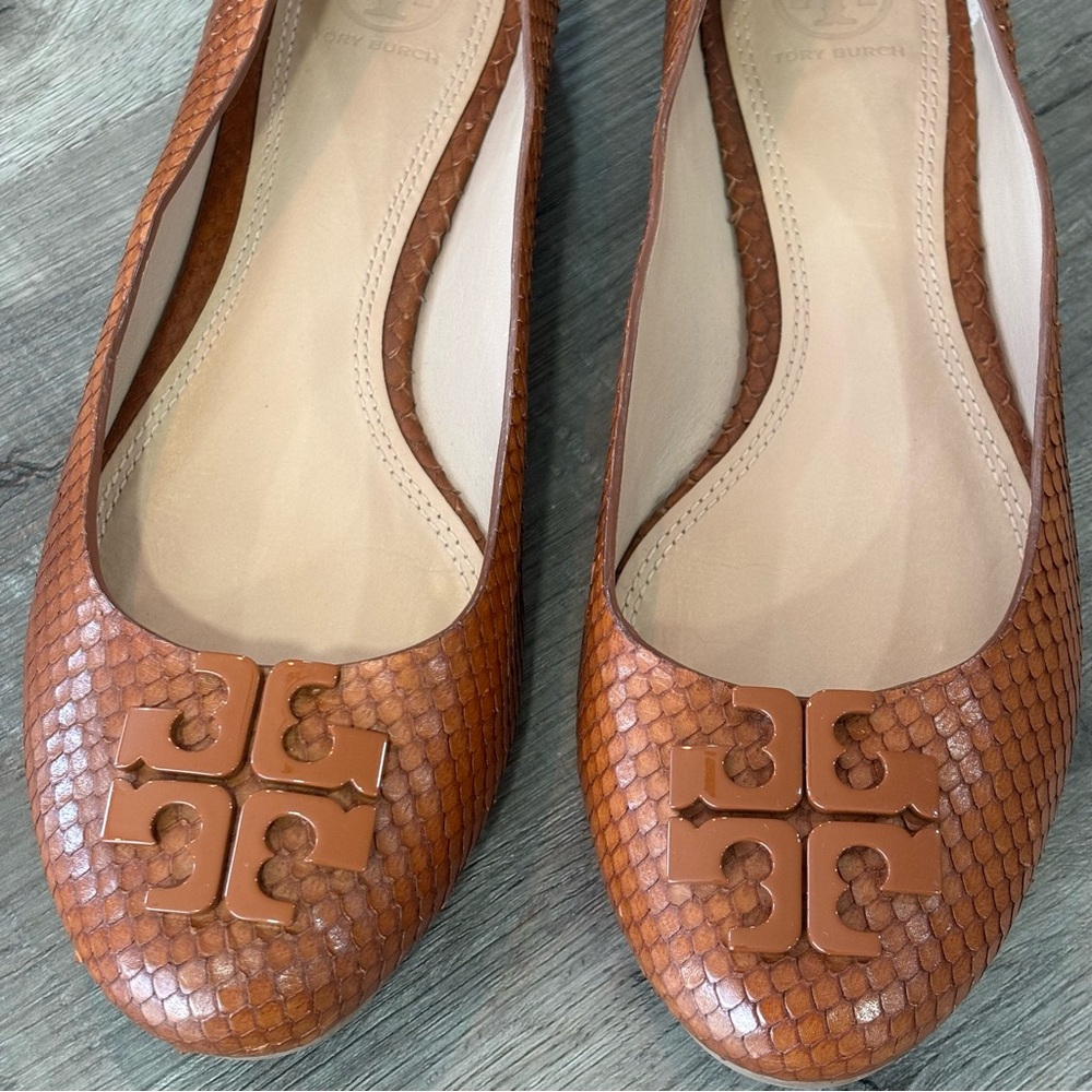 Tory Burch Lowell 2 Snakeskin-Embossed Leather Flats Brown - Size 9M, GUC - Picture 4 of 10